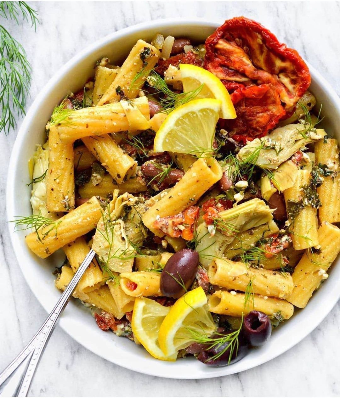 Vegan Greek Pasta with Olives and Beans