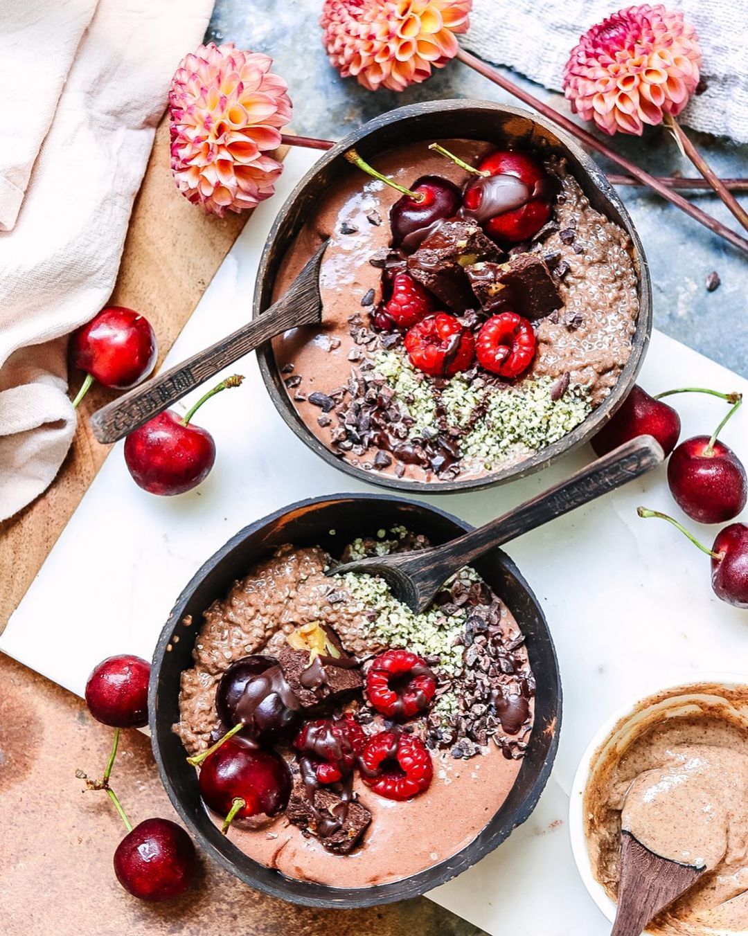 Raspberry and Chocolate Chia Pudding Smoothie Bowls
