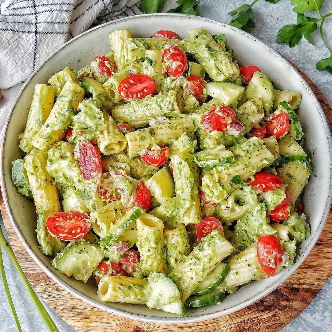 Rigatoni Tomato Cucumber Salad with Avocado Pesto