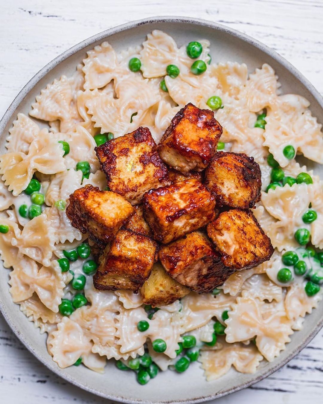 Coconut Pasta with Peas and Crispy Tofu