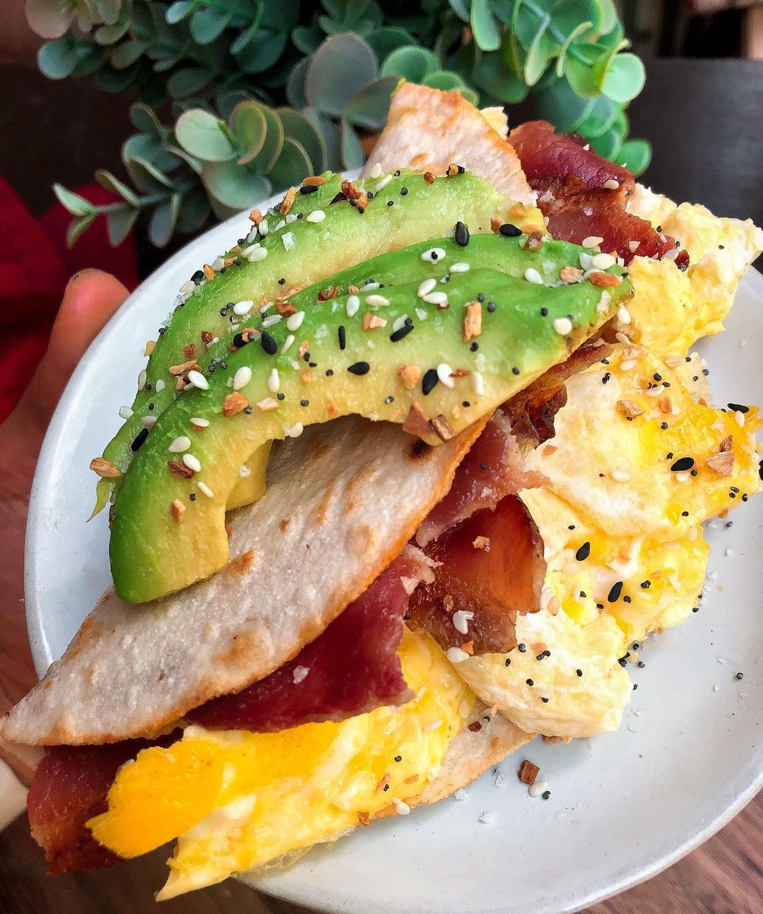 Savory Breakfast Quesadilla with Eggs Bacon and Avocado
