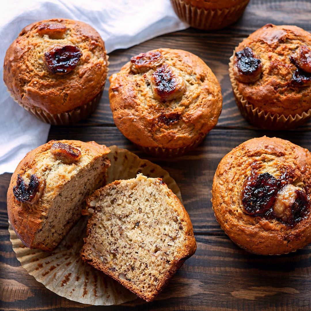 Banana Walnut Muffins with Caramelized Banana