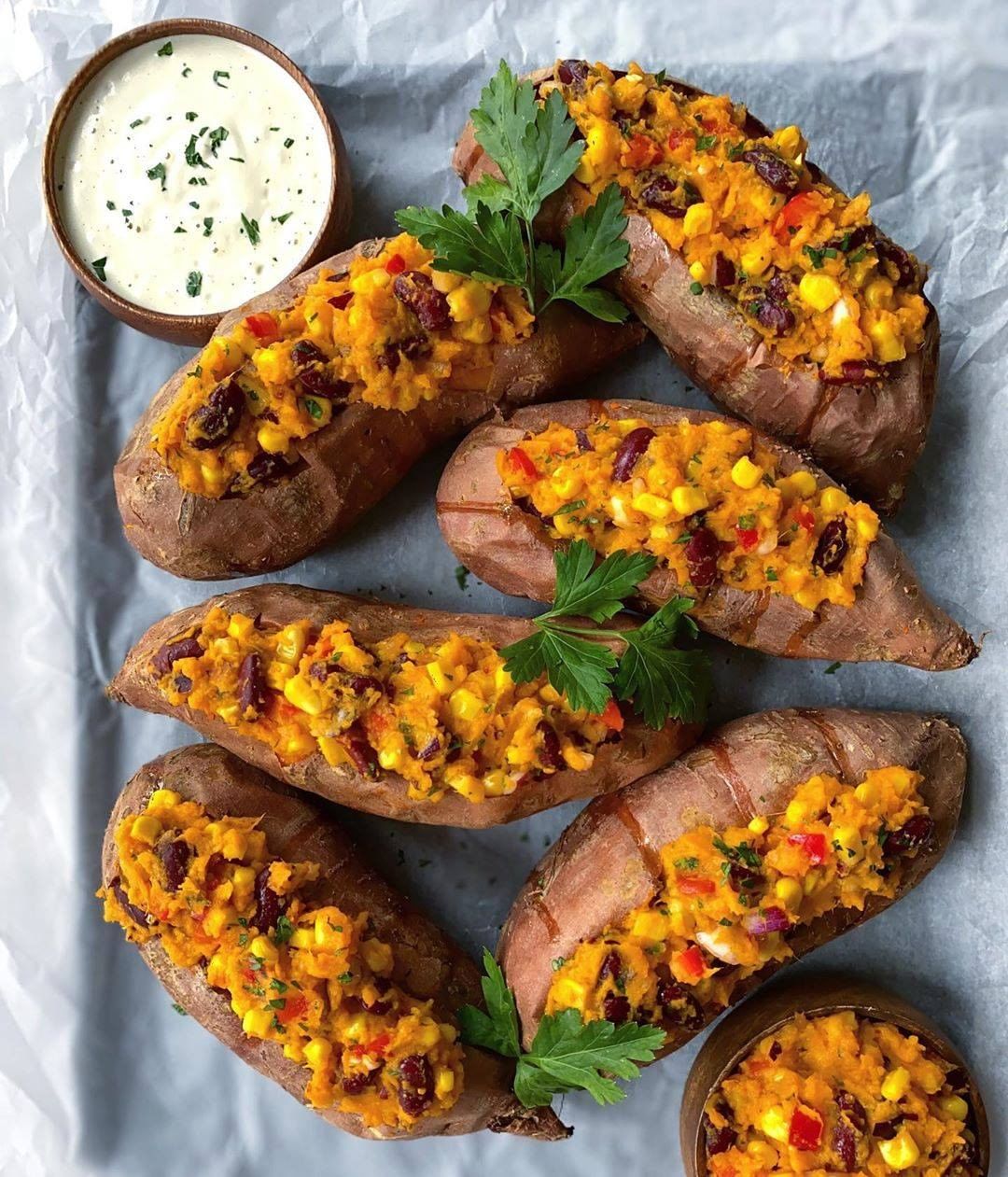 Oil-free Baked and Stuffed Sweet Potatoes with Cilantro and Parsley Cashew Cream