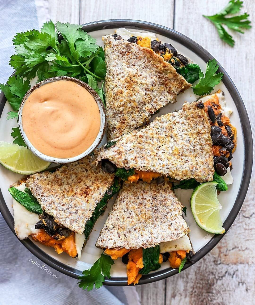 Black Bean and Sweet Potato Quesadilla with Spicy Tahini Sauce