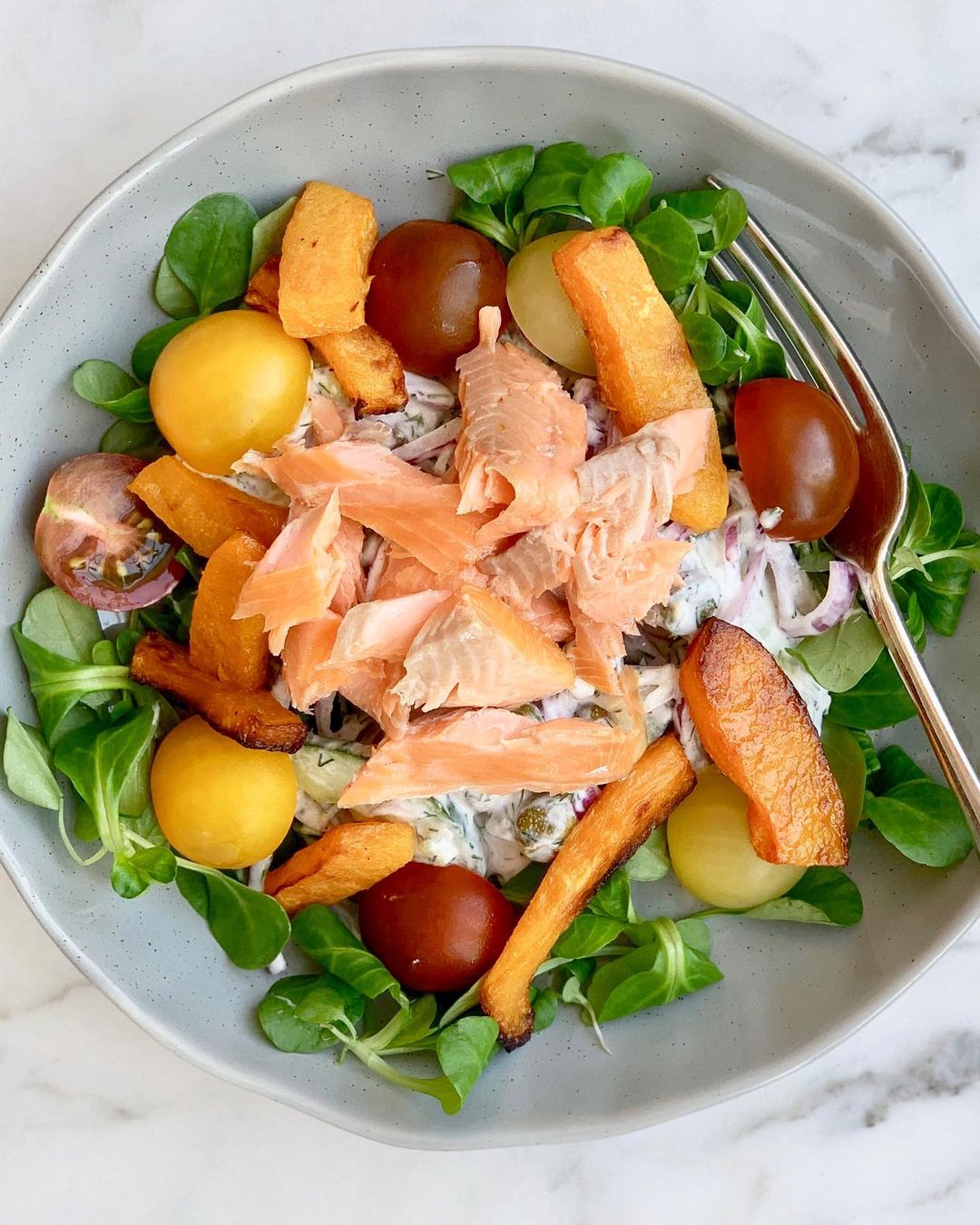 Trout with Roasted Squash and Cucumber Dill Salad