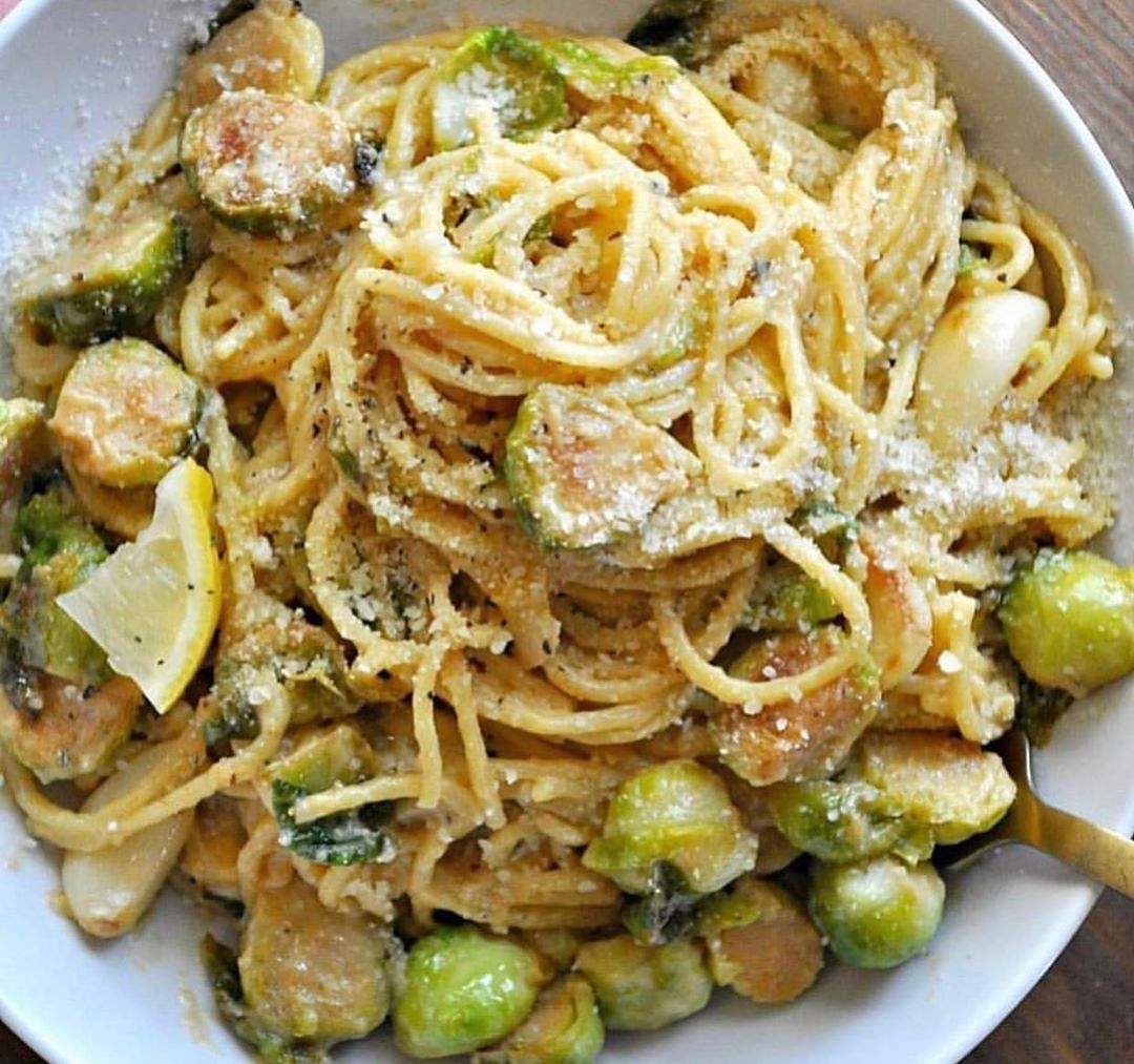 Vegan One Pot Creamy Garlic Brussels Sprouts Pasta