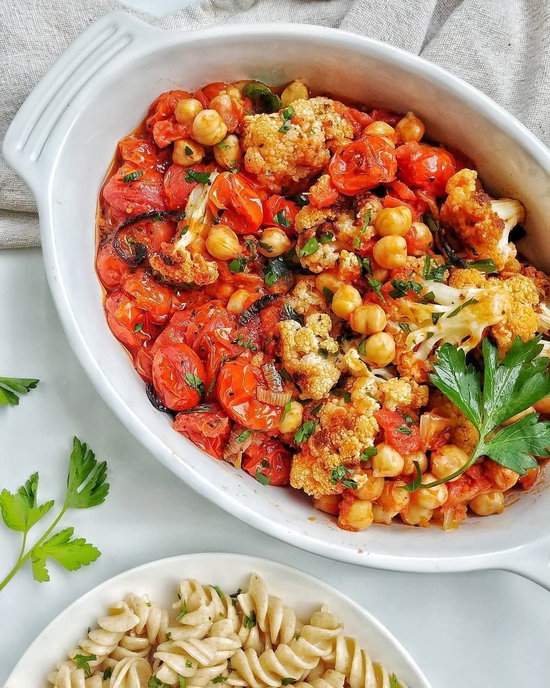 Roasted Tomatoes Cauliflower and Chickpeas
