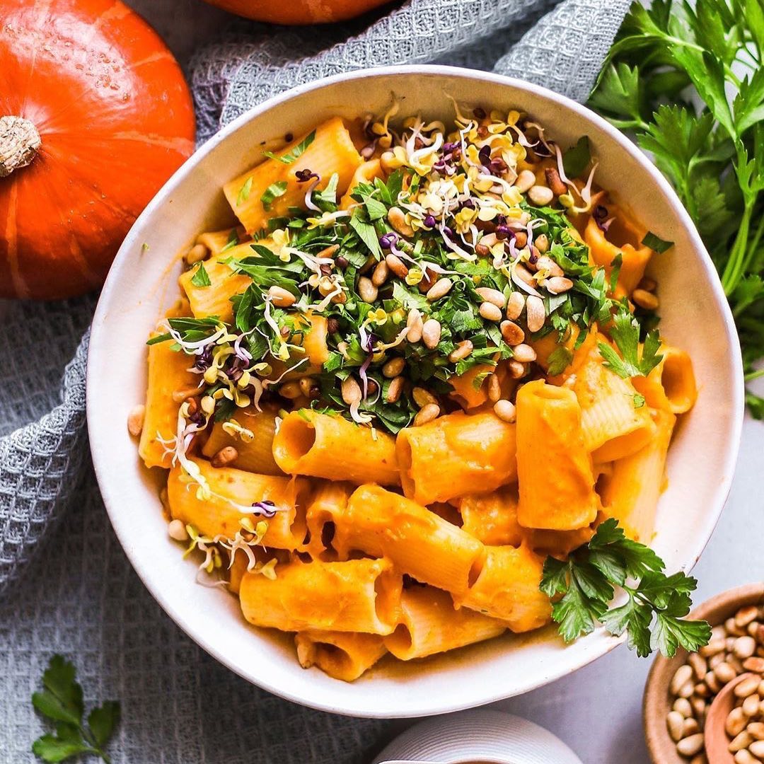 Creamy Harissa Pumpkin Rigatoni Topped with Fresh Parsley