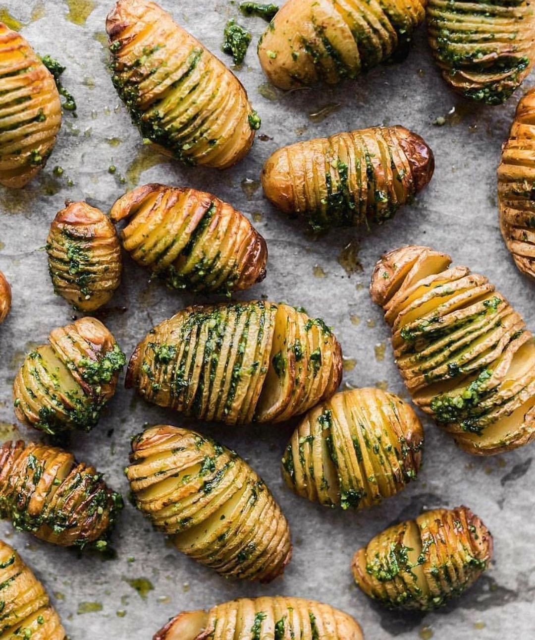 Hasselback Potatoes with Wild Garlic and Cashew Nuts Pesto