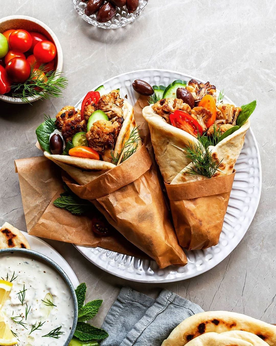 Roasted Cauliflower Gyros with Tzatziki and Veggies