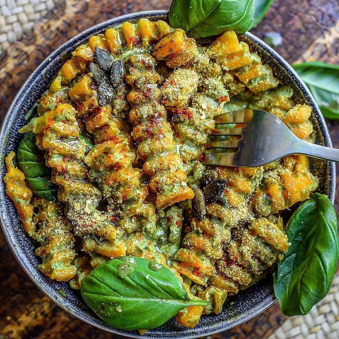 Butternut Squash Fusilli with Avocado and Pumpkin Seed Butter Pesto