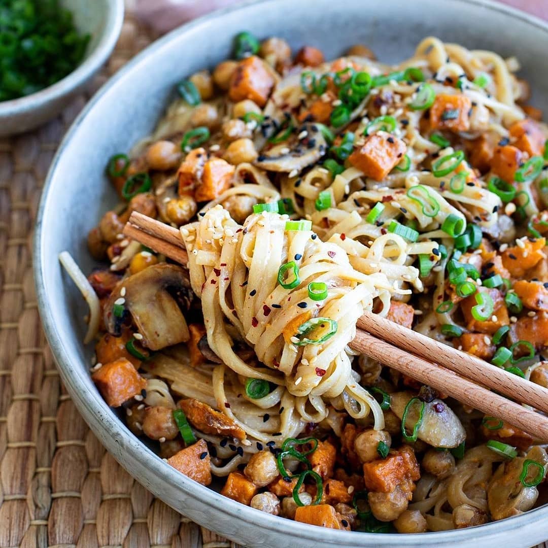 Creamy Tahini Noodles with Mushrooms, Roasted Sweet Potato and Crispy Chickpeas