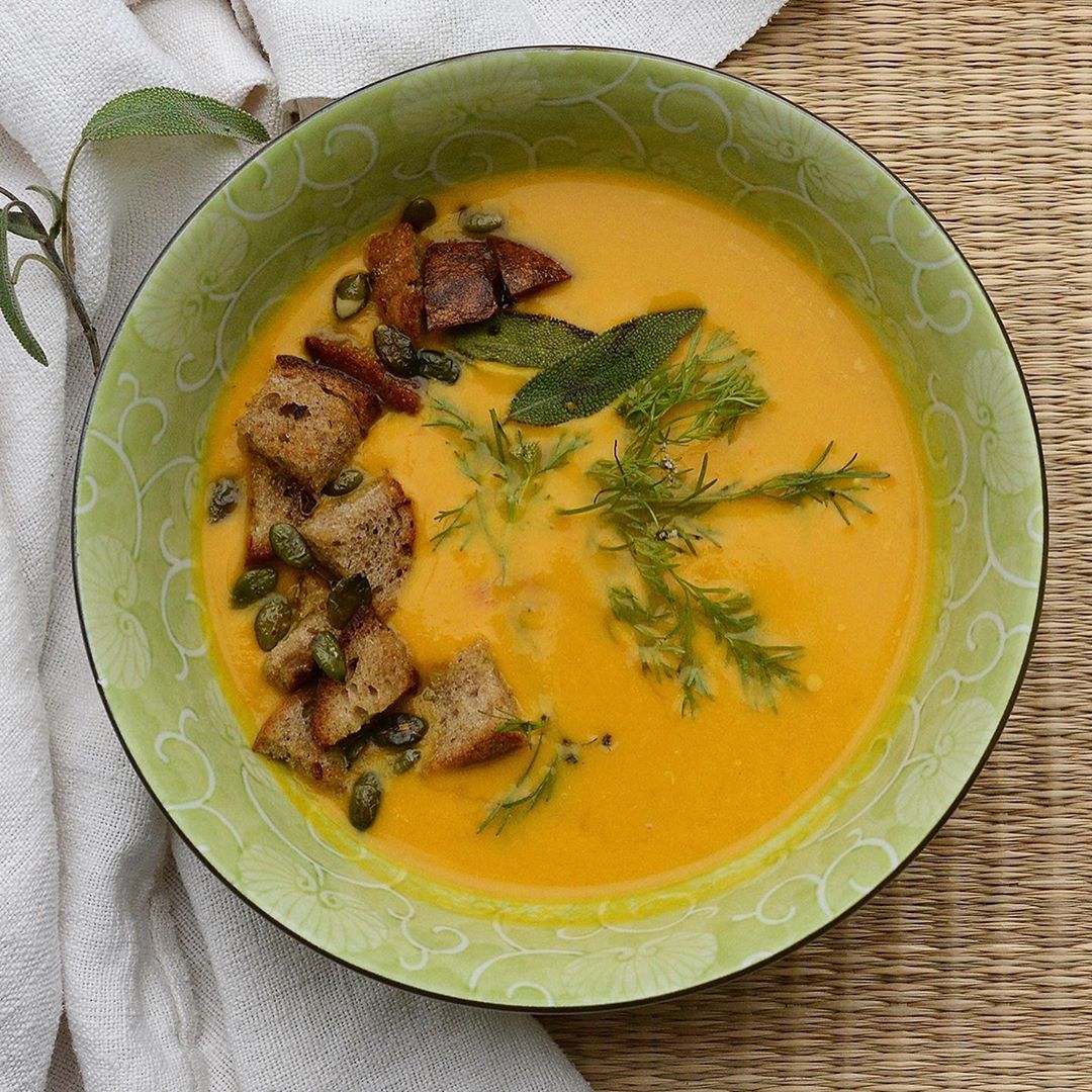 Roasted Pumpkin Soup with Sweet Potato and Ginger