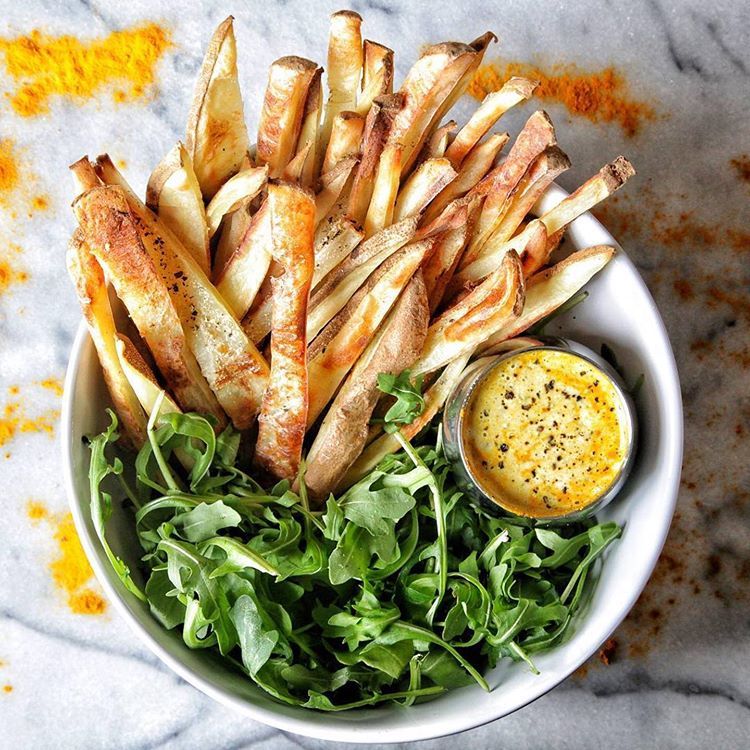 Baked Fries with Arugula and Tangy Dressing