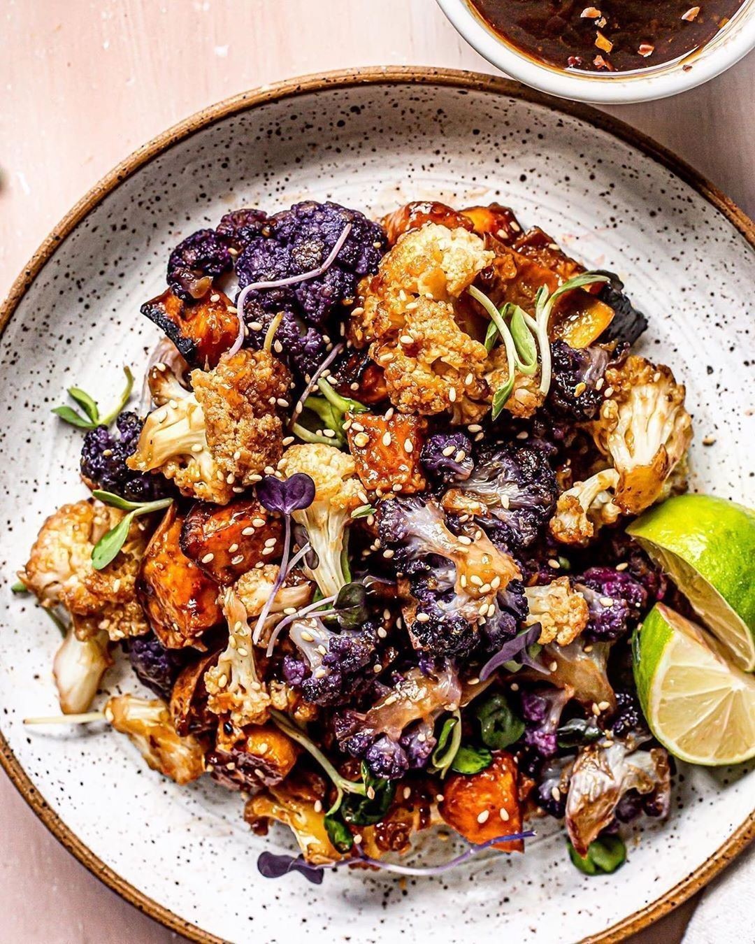 Roasted Maple Sriracha Cauliflower with Sweet Potatoes