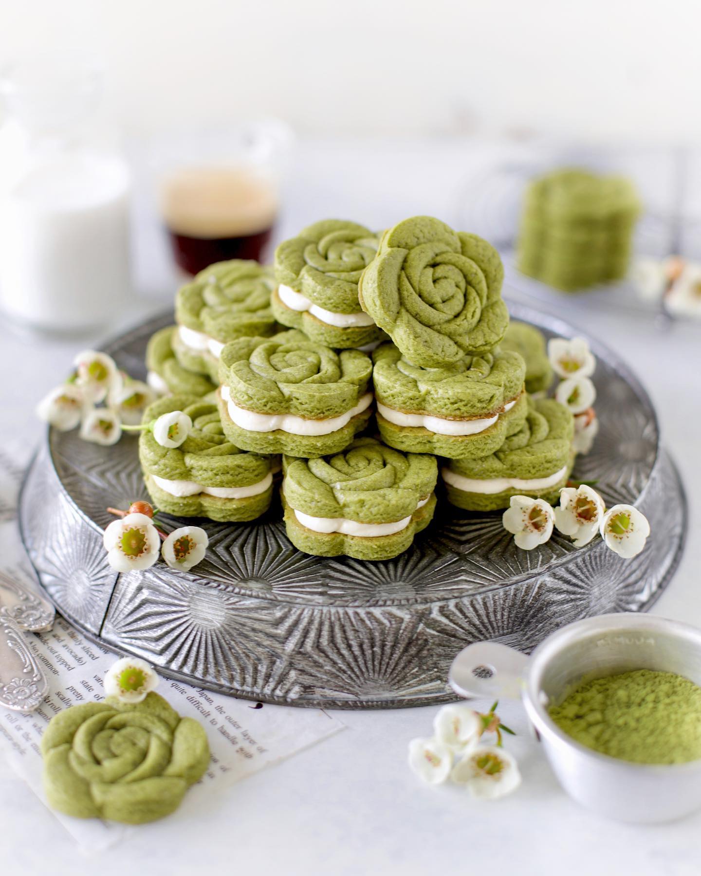 Matcha Flower Cookies with Buttercream Center