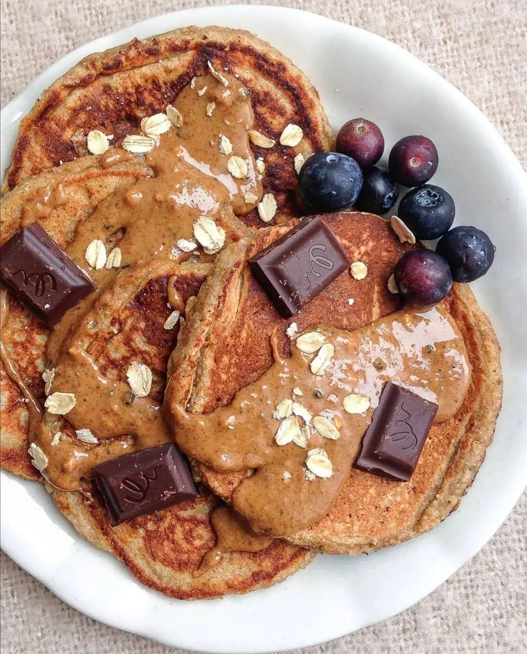 Banana Bread Pancakes with Chocolate and Blueberries