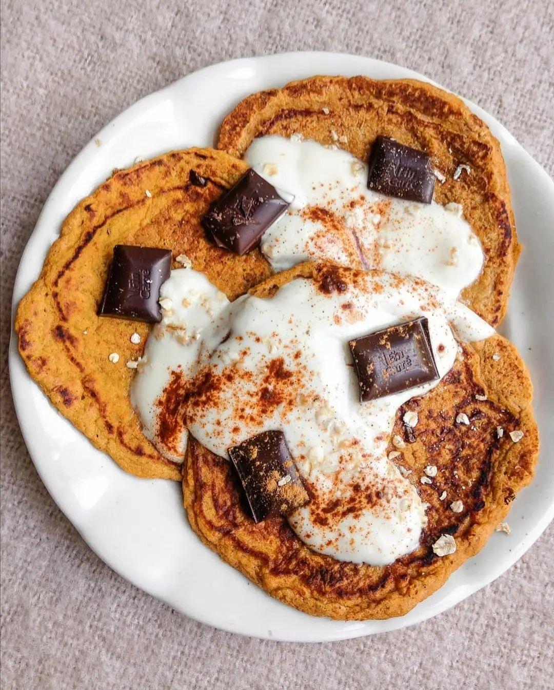 Pumpkin Pancakes with Chocolate and Yoghurt