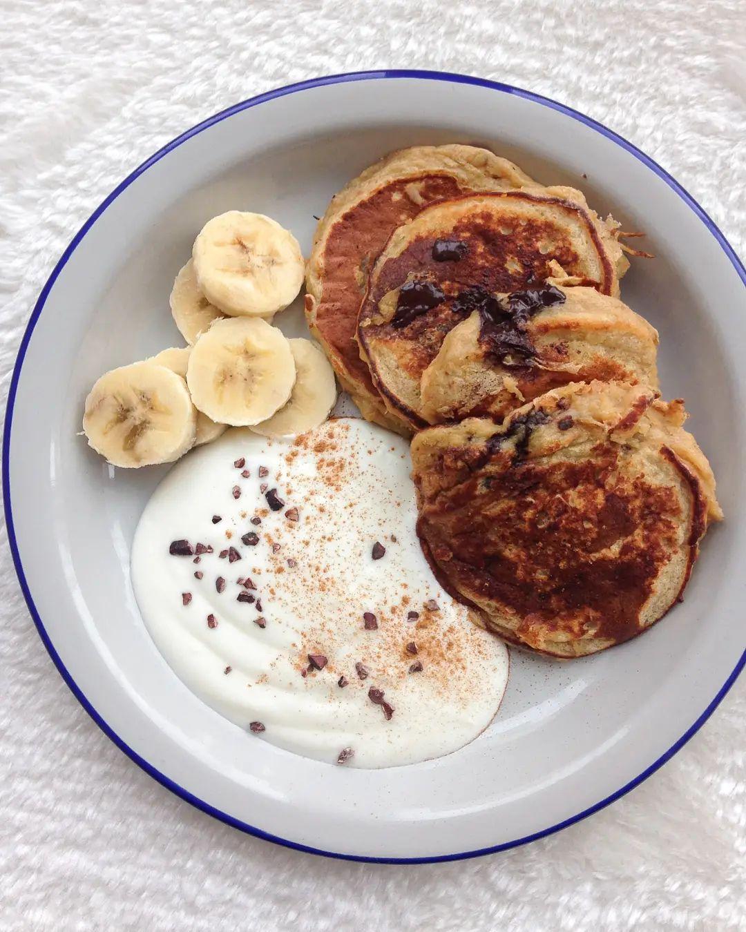 Banana Bread Pancakes with Chocolate & Yogurt