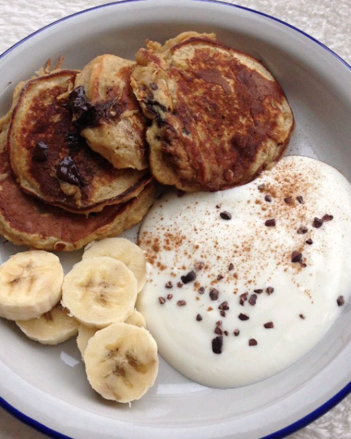 Banana Bread Pancakes with Chocolate & Yogurt