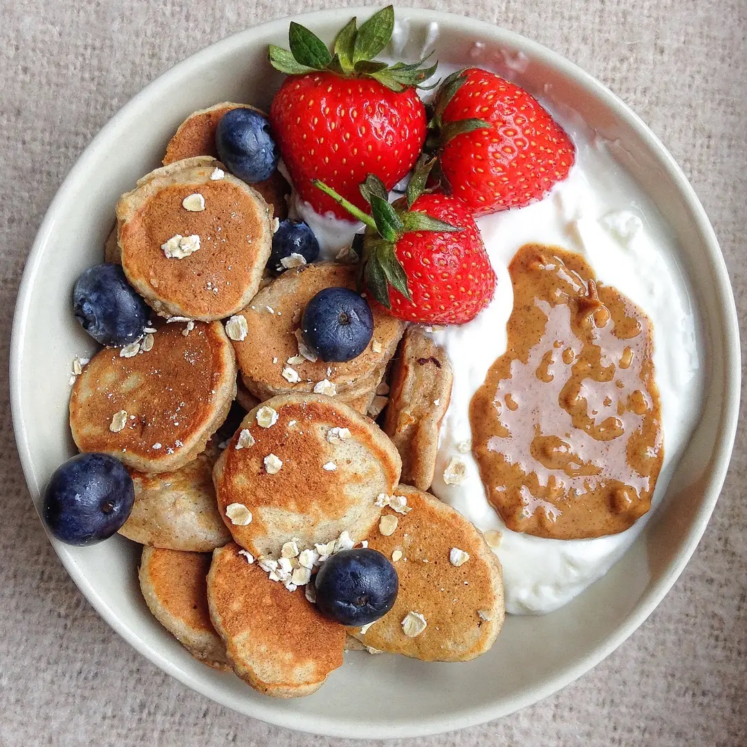Mini Banana Pancakes with Nut Butter and Berries