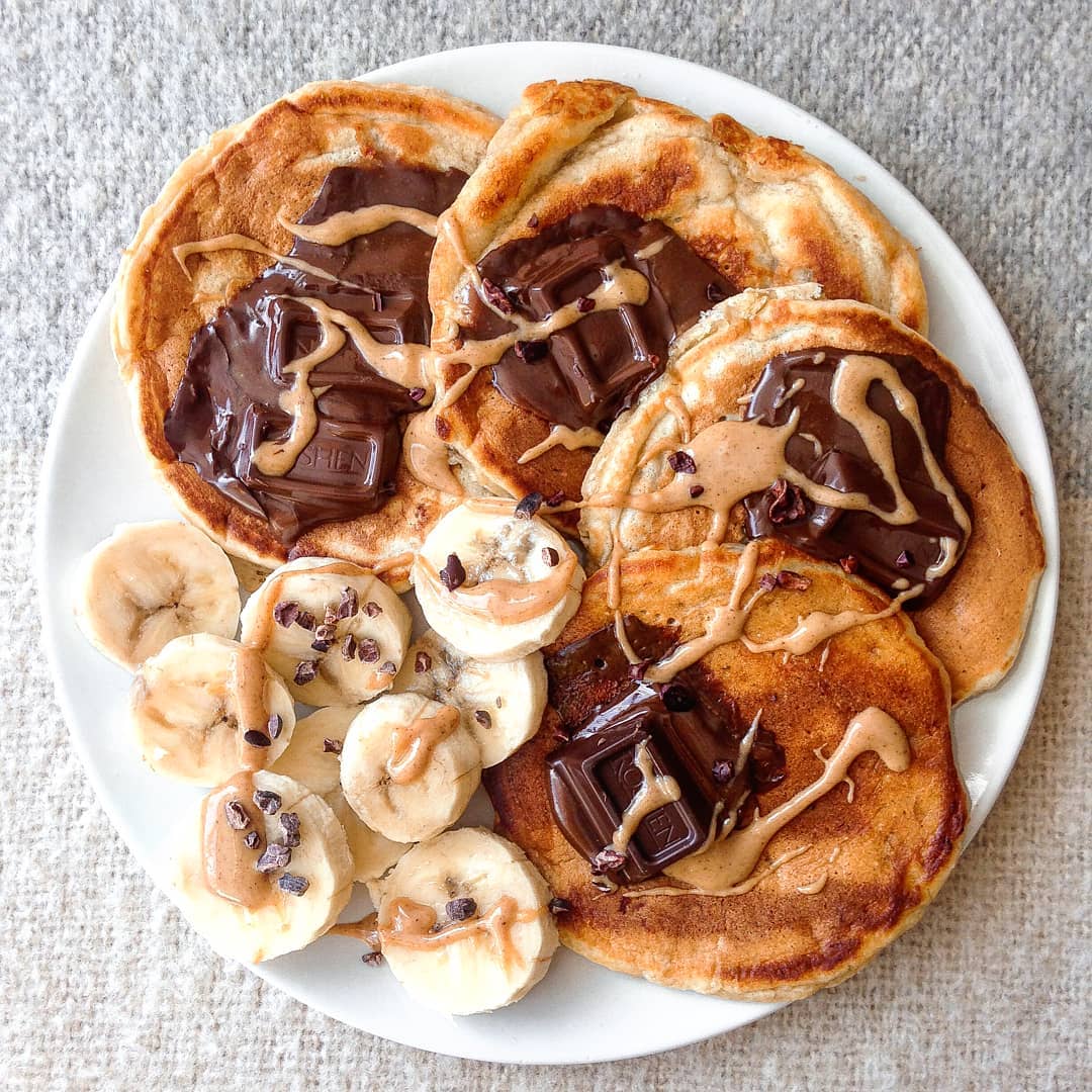 Banana Bread Pancakes with Chocolate, Peanut Butter & Bananas