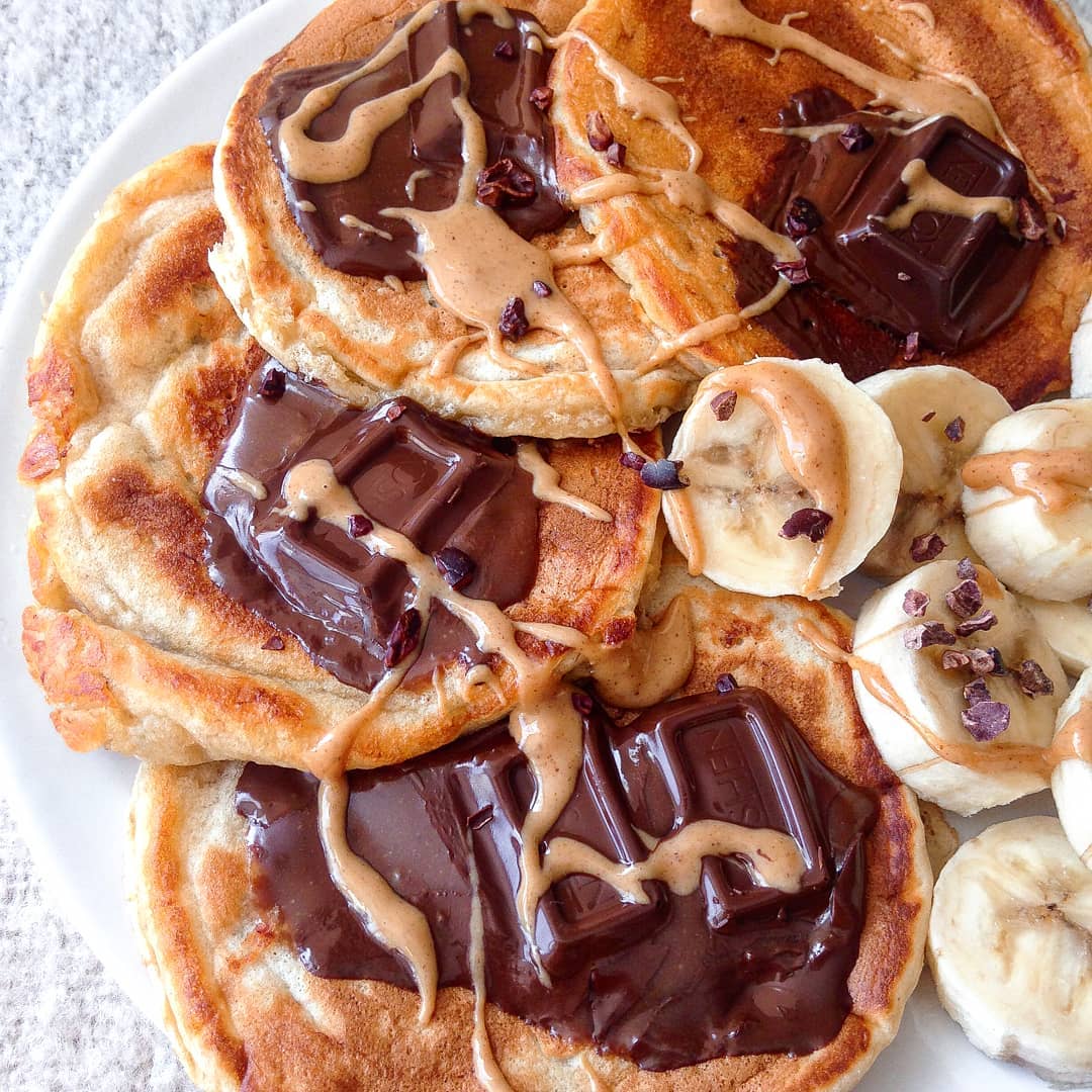 Banana Bread Pancakes with Chocolate, Peanut Butter & Bananas