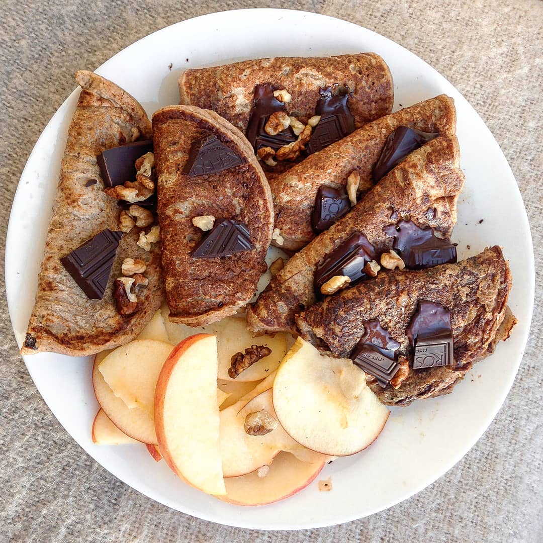 Apple Banana Pancakes with Chocolate and Walnuts