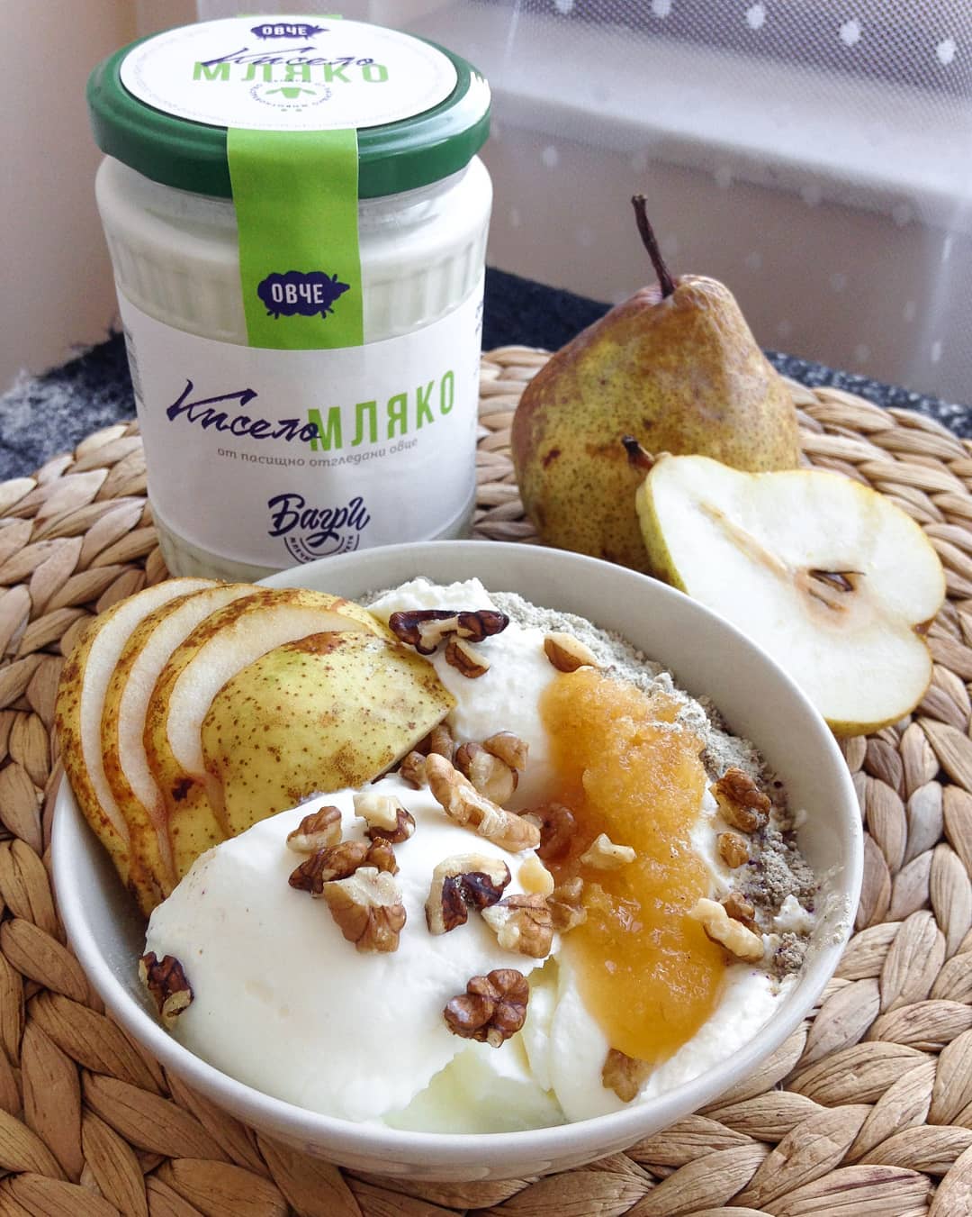 Yoghurt Bowl with Honey, Pear, and Walnuts