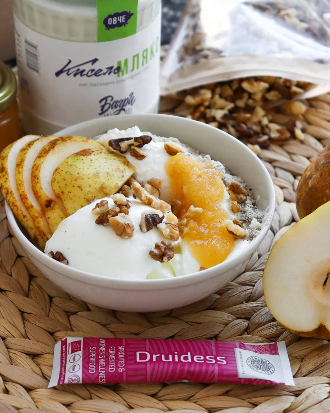 Yoghurt Bowl with Honey, Pear, and Walnuts
