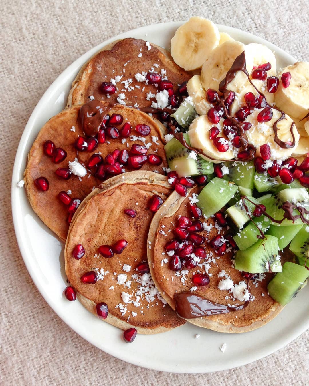 Banana Bread Pancakes with Chocolate and Fruits