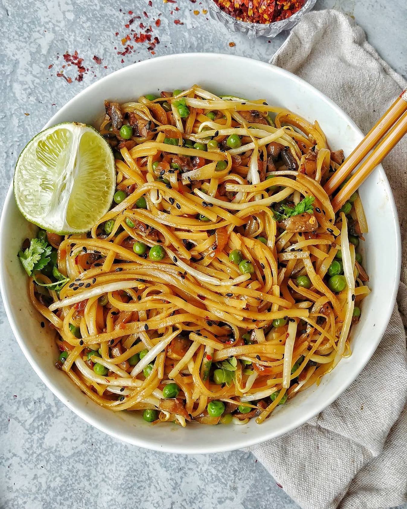 Brown Rice Lo Mein with Peas and Mushrooms