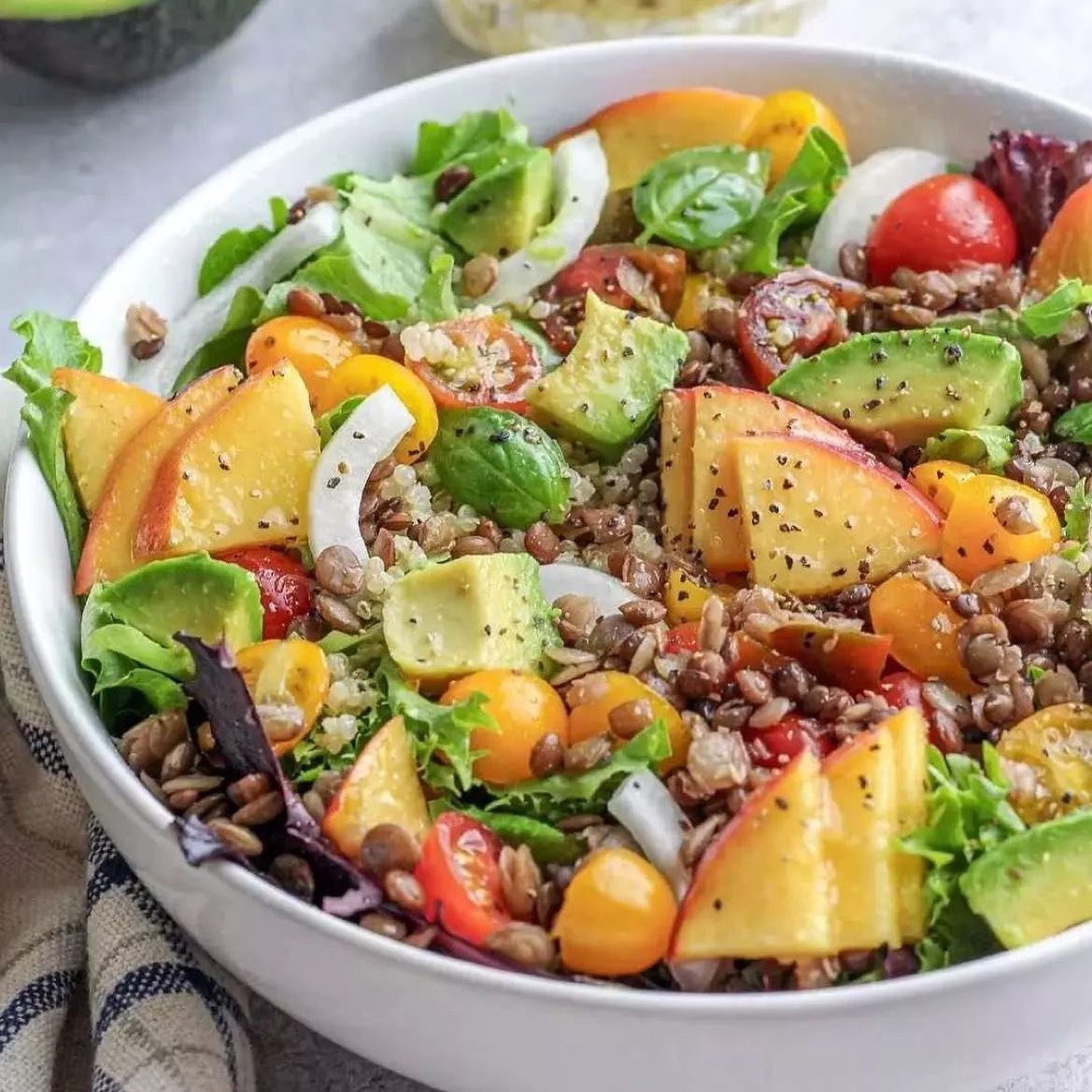 Peach and Avocado Salad with Lentils and Quinoa