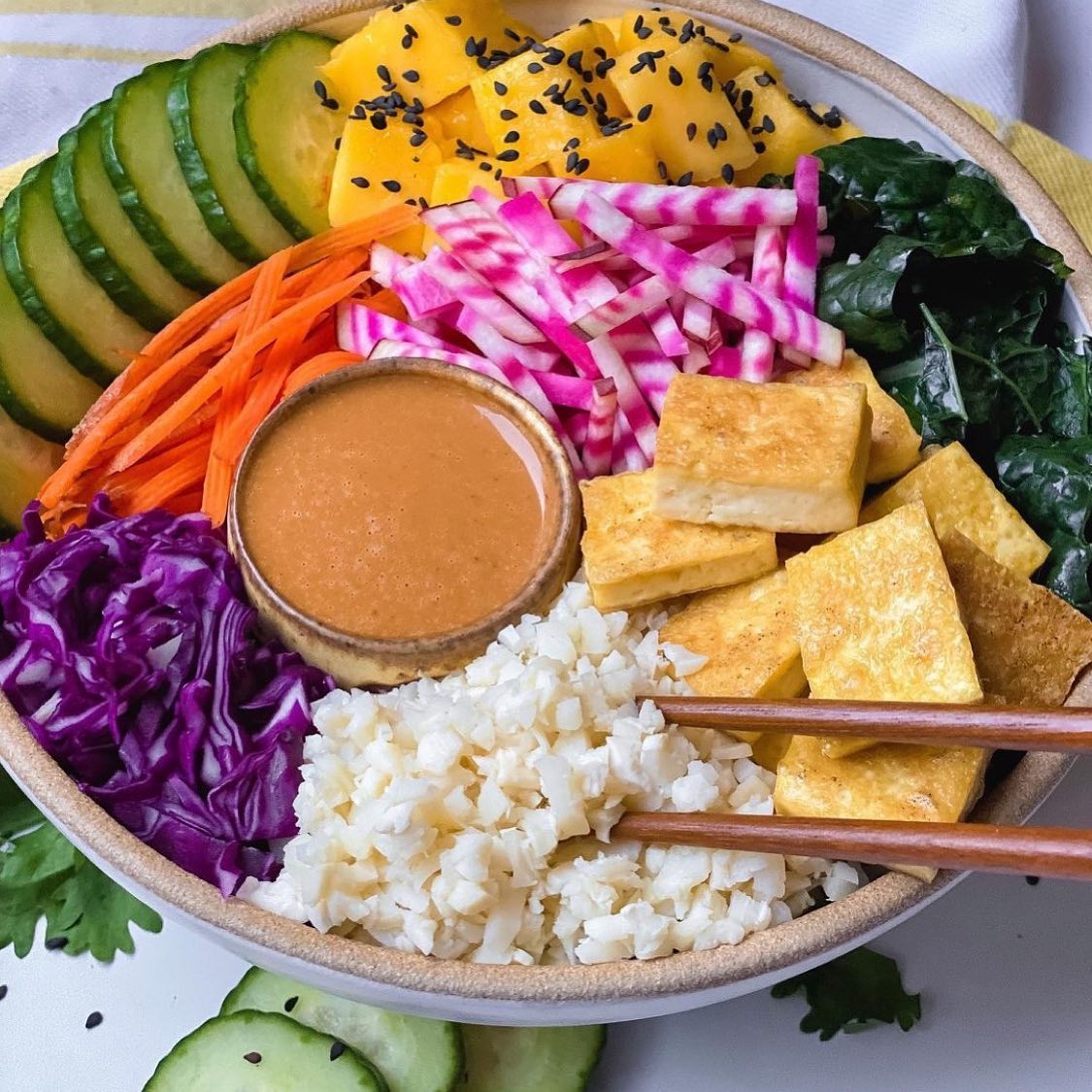 Crispy Tofu Rainbow Bowl with Peanut Sauce