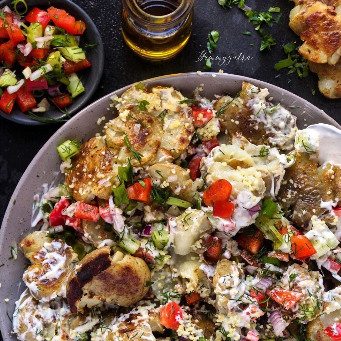 Smashed Potato Salad with Herbs and Couscous
