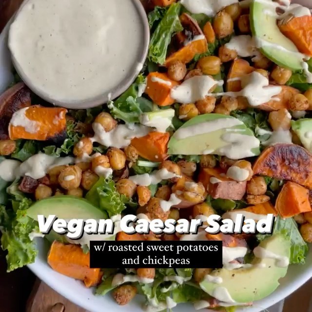 Vegan Caesar Salad with Roasted Chickpeas and Sweet Potatoes