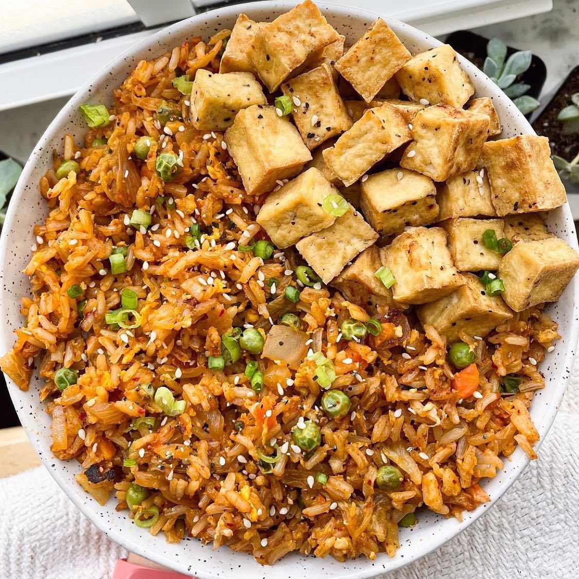 Kimchi Fried Rice with Crispy Tofu