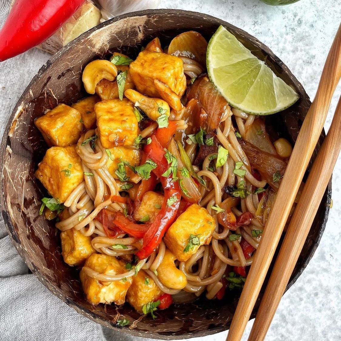Spicy Tofu Cashew Soba Noodle Stir Fry