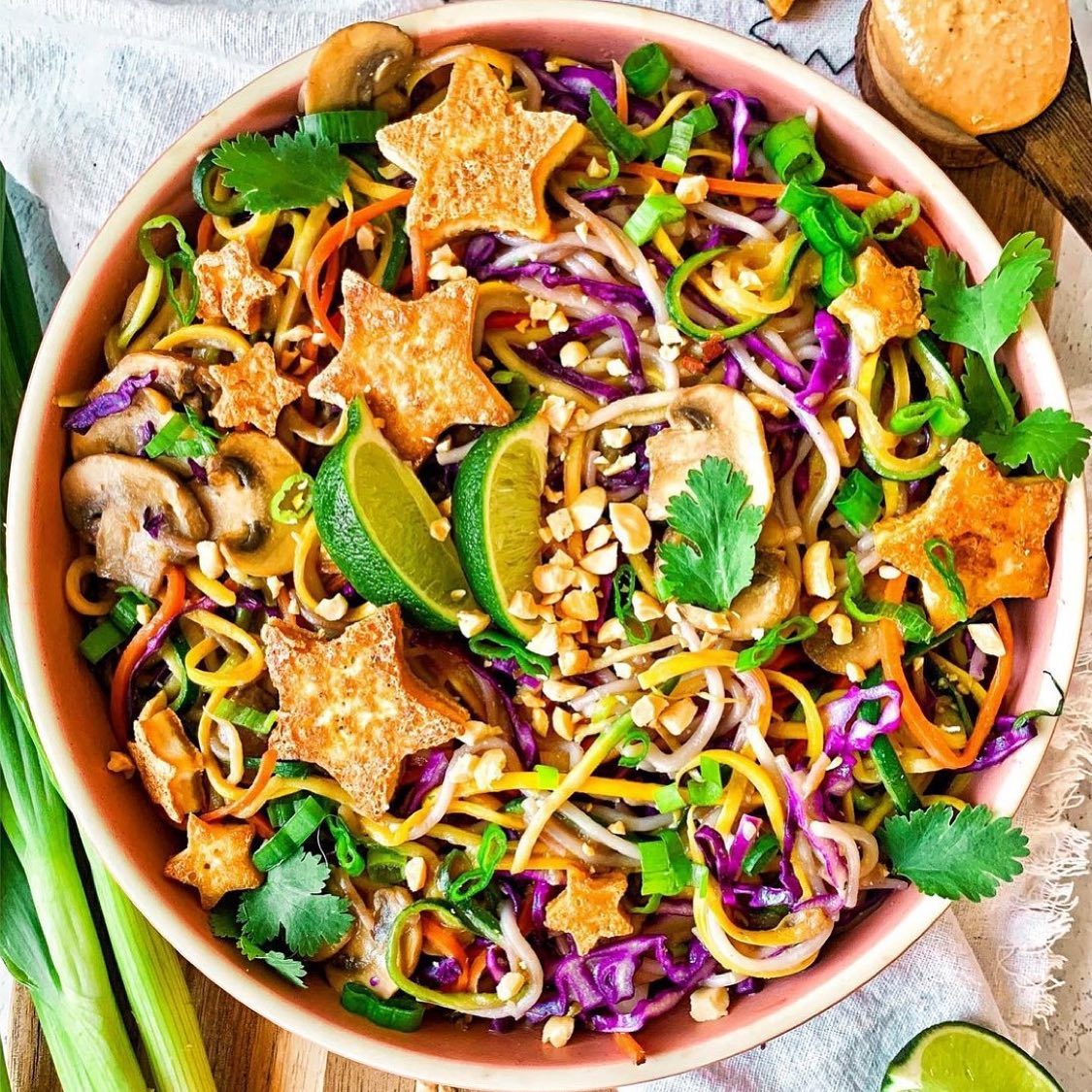 Vegan Pad Thai with Rainbow Veggie Noodles and Crispy Tofu