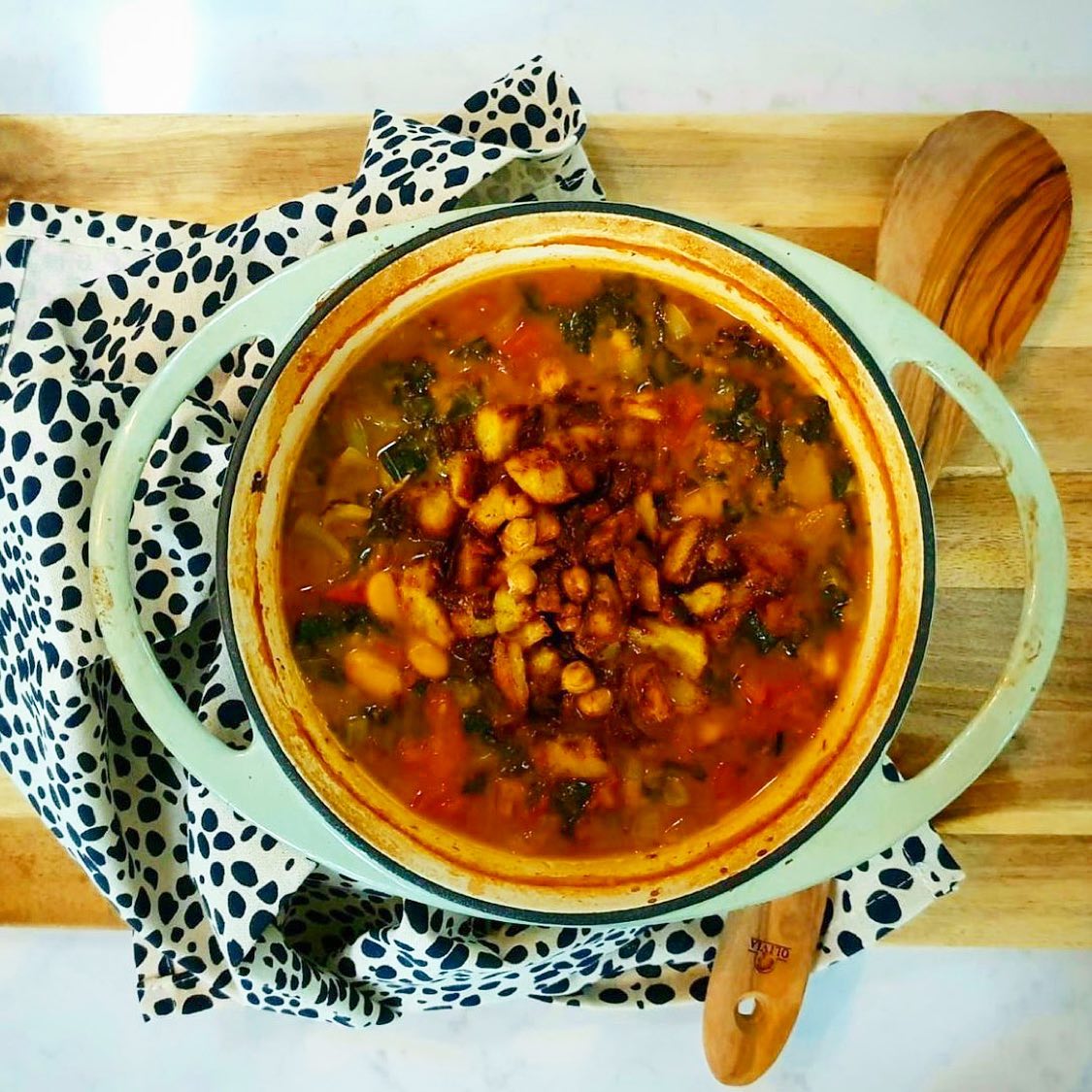Roasted Butter Bean and Kale Stew with Cheesy Crispy Potato and Chickpea Croutons
