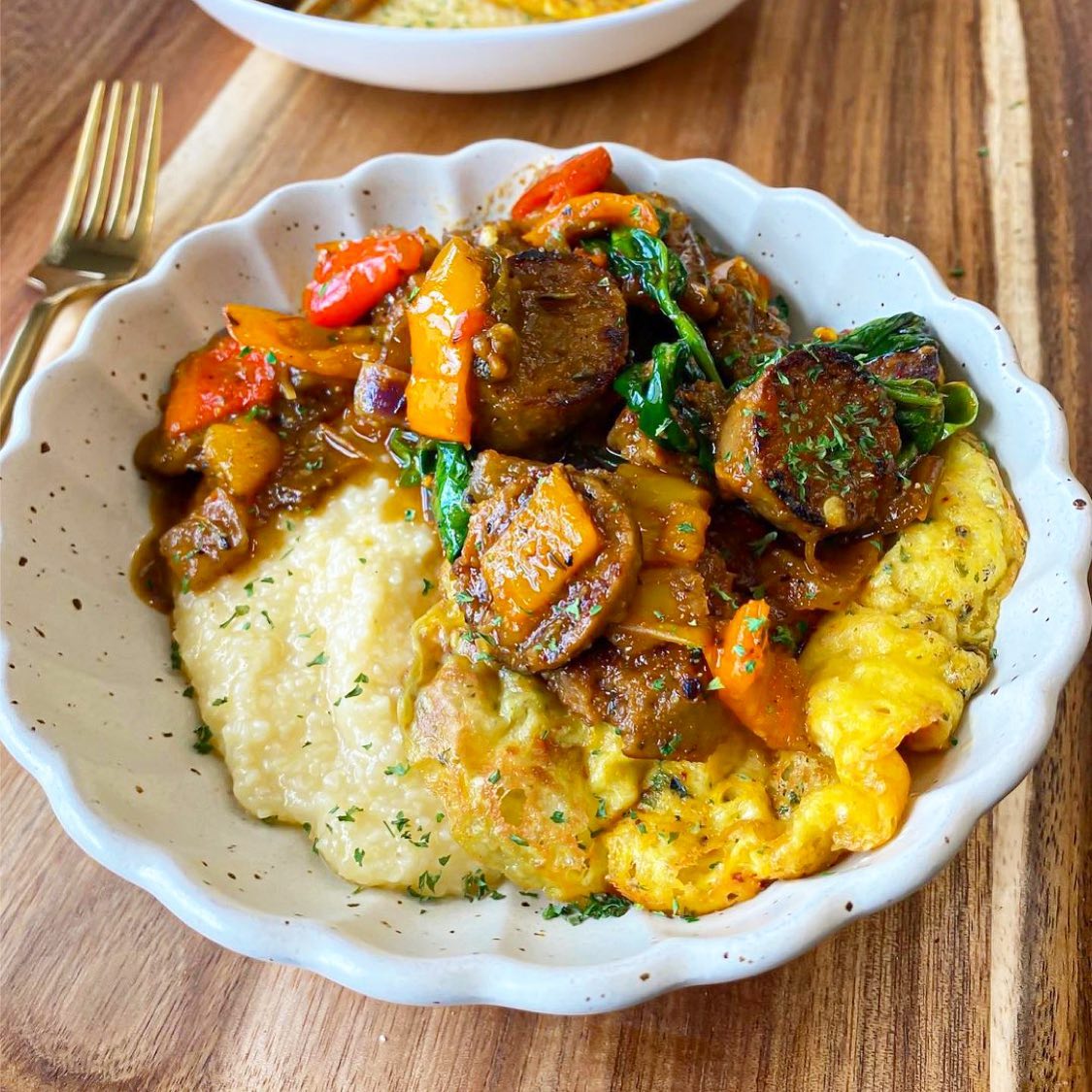 Vegan Smoky Sausage with Veggies and Cheesy Grits