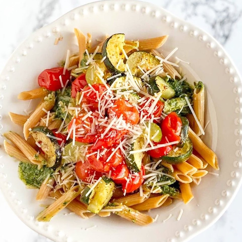 Pesto Penne with Roasted Zucchini and Tomatoes