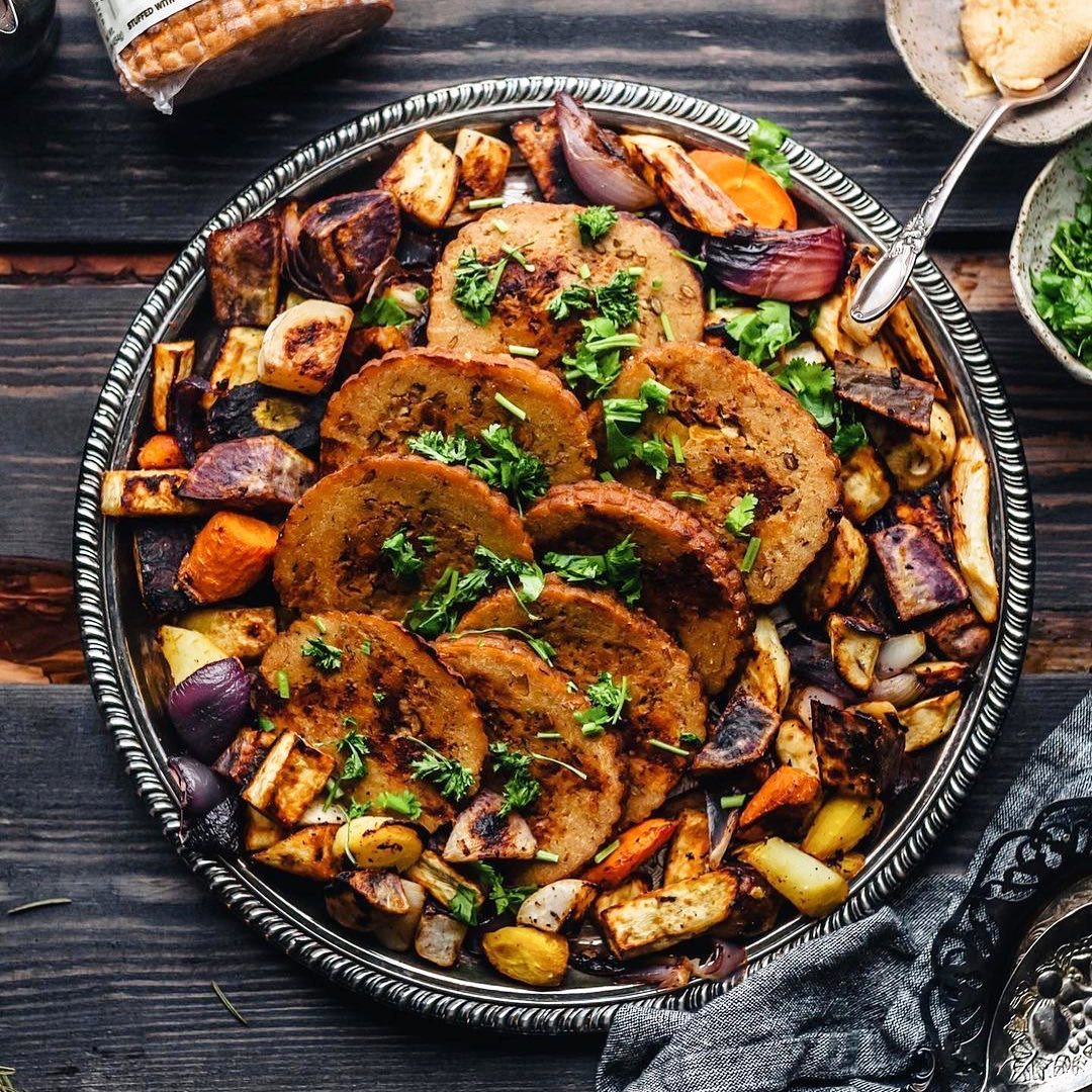 Vegan Roast with Miso-Glazed Vegetables and Gravy