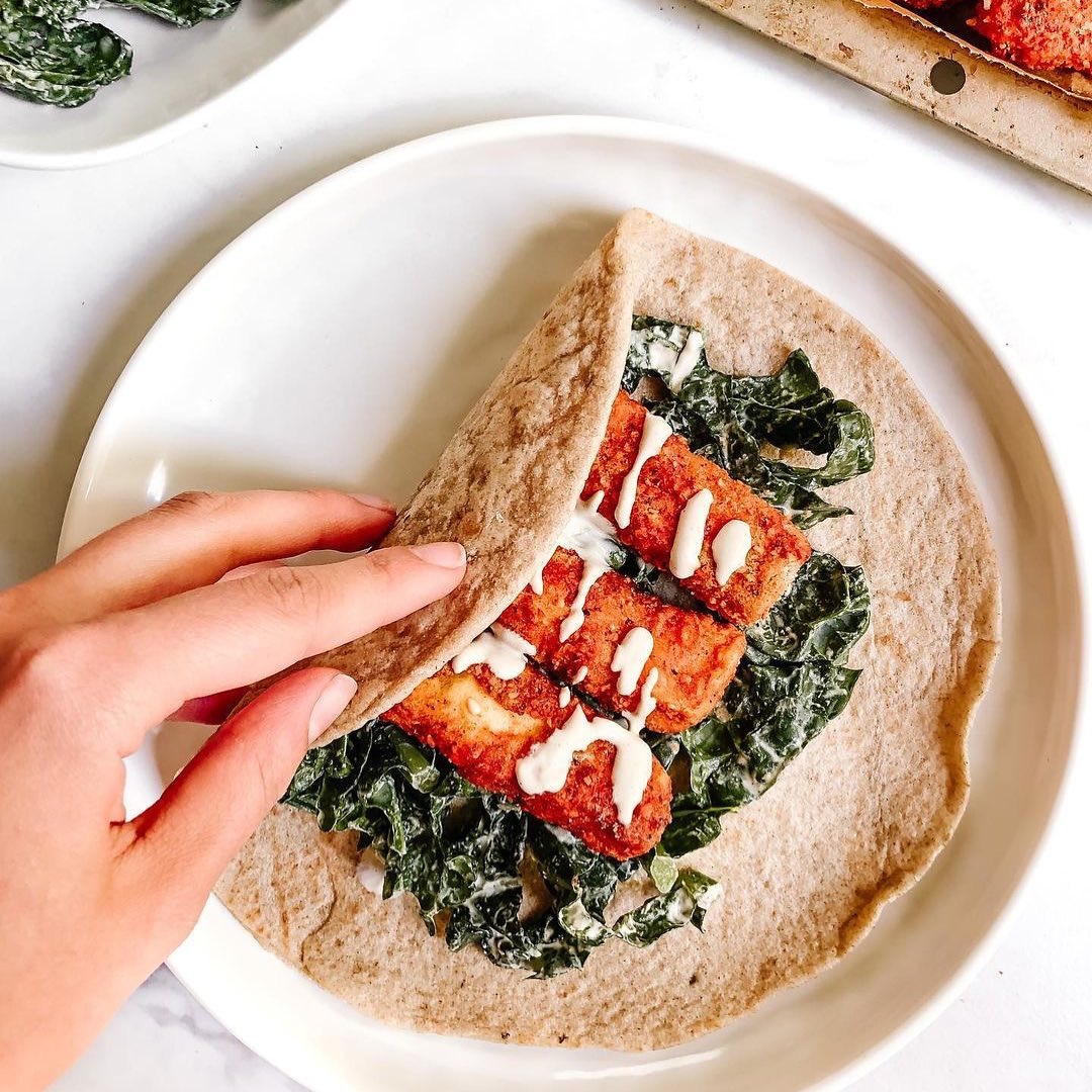 Crispy Buffalo Caesar Tofu Wraps