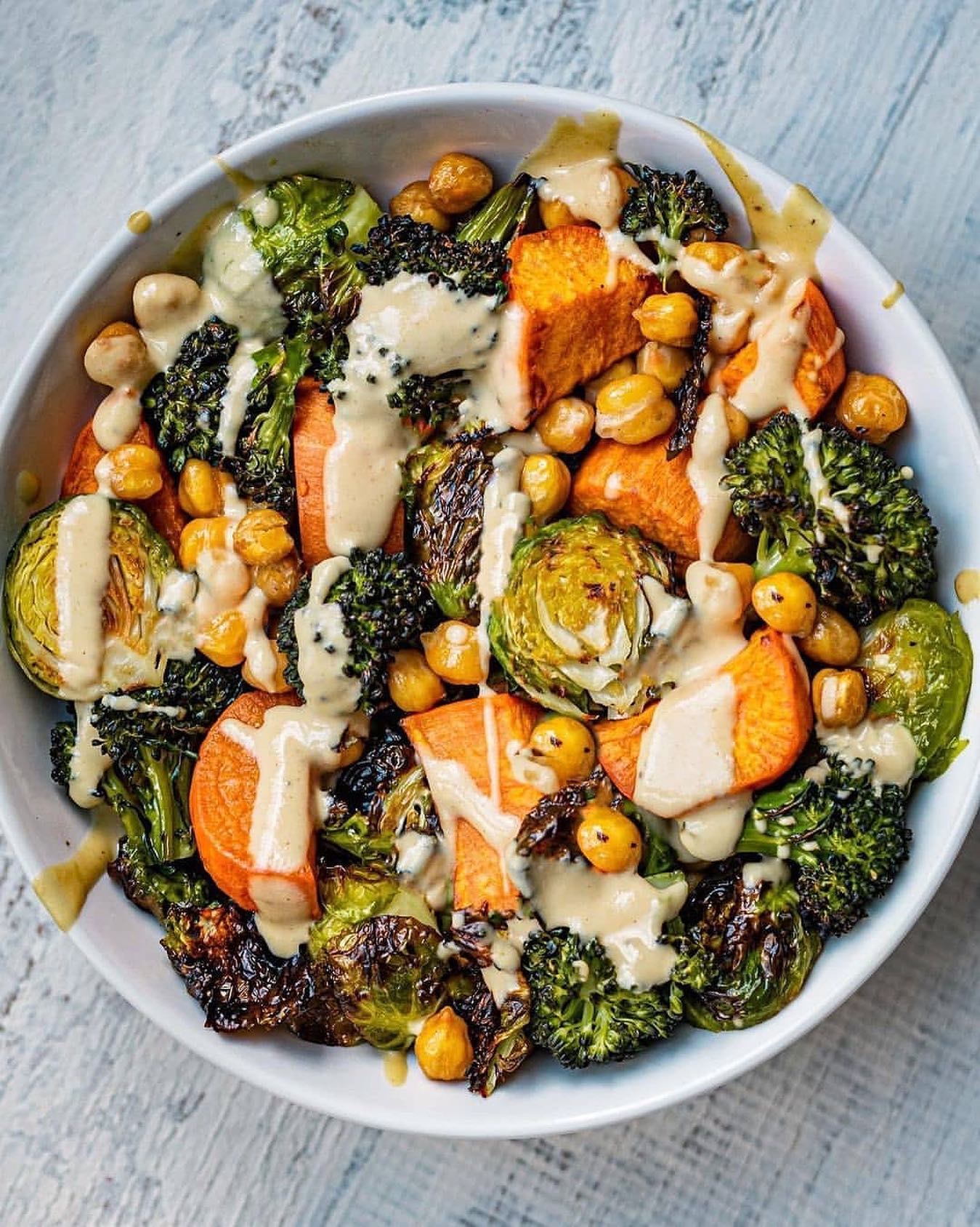 Sheet Pan Roasted Chickpea Vegetables with Tahini Dressing