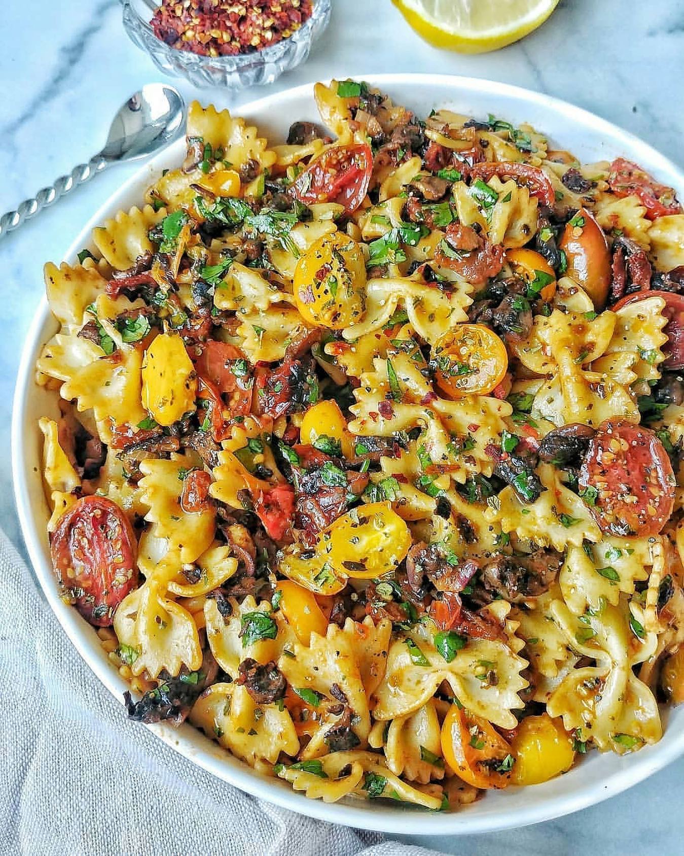 Roasted Tomato Pasta with Mushrooms and Herbs