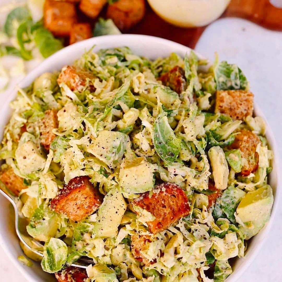 Vegan Caesar Brussels Sprout Salad with Crispy Croutons