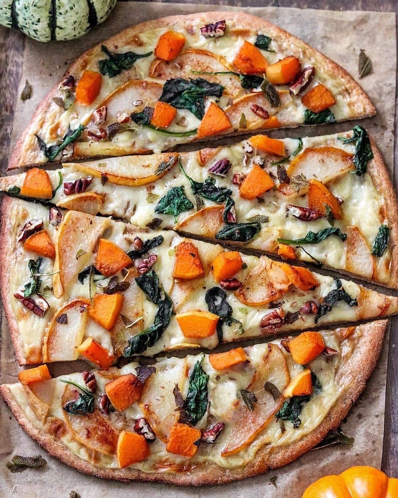 Thin Crust Pizza with Butternut Squash, Spinach and Caramelized Pear