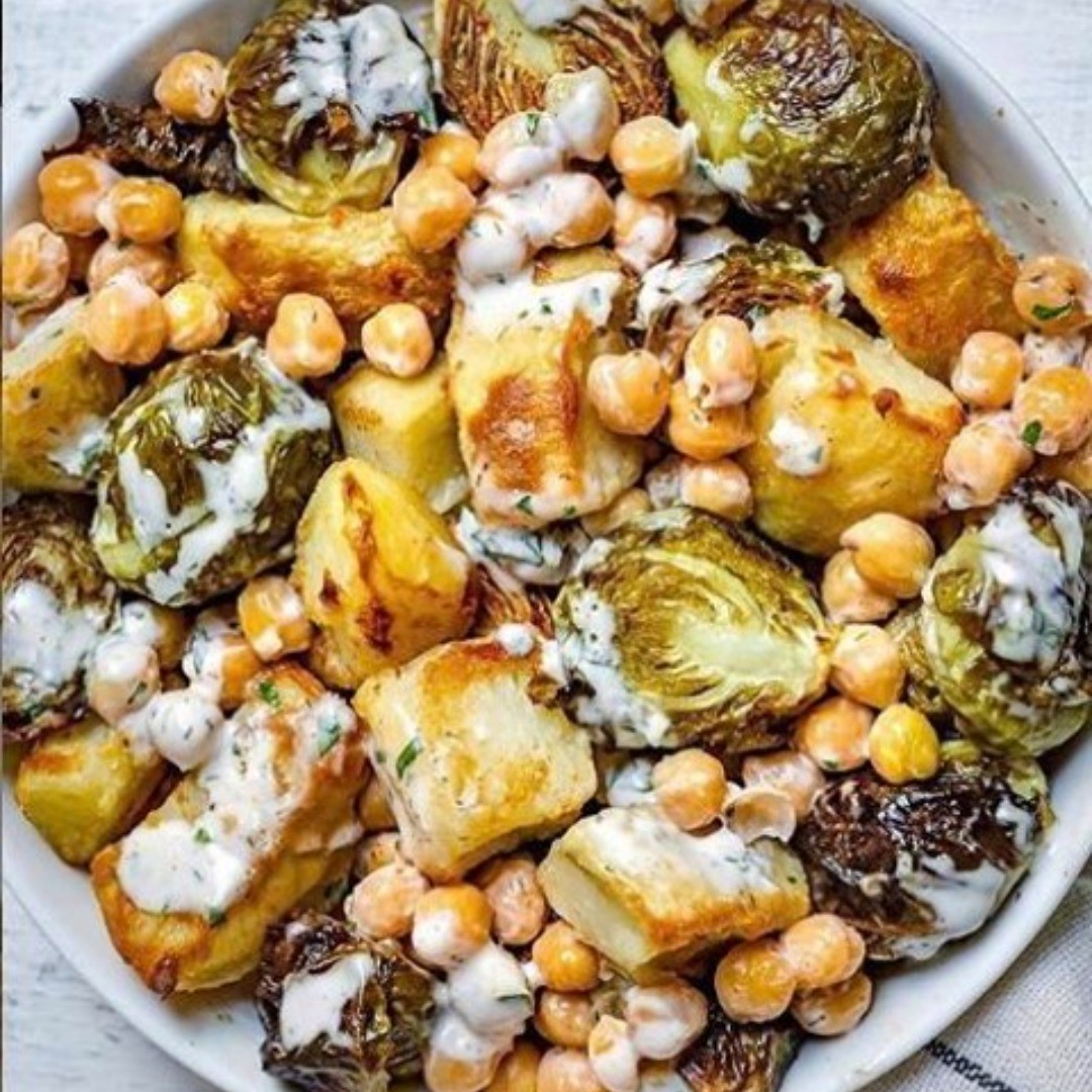 Roast Potato, Brussels Sprout, and Chickpea Salad with Ranch Dressing