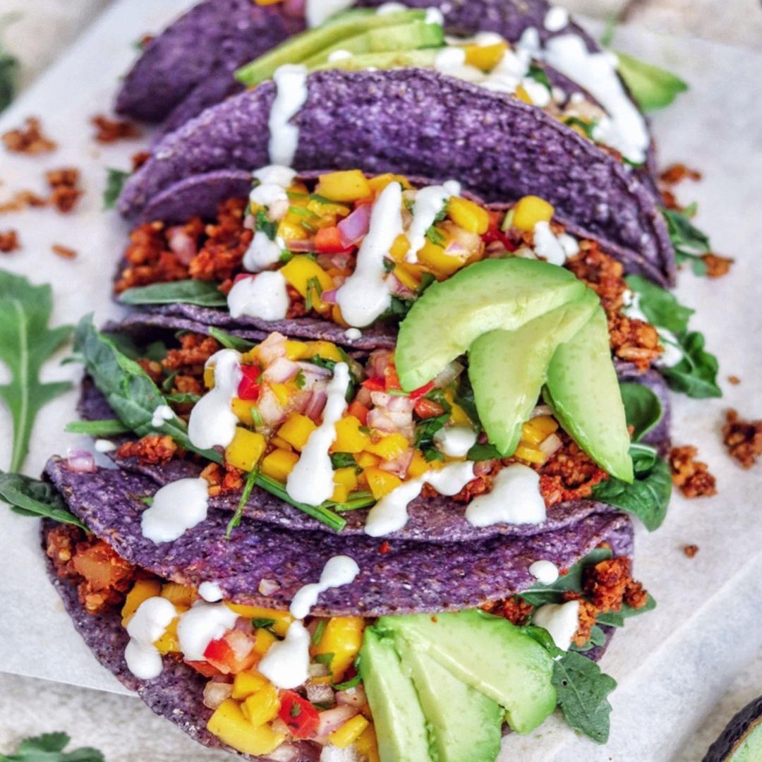Rainbow Tacos with Tempeh and Mango Salsa